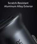 Close-up of ultra compact aluminum alloy dual USB car charger with scratch-resistant exterior and blue LED for iPhone and iPad.