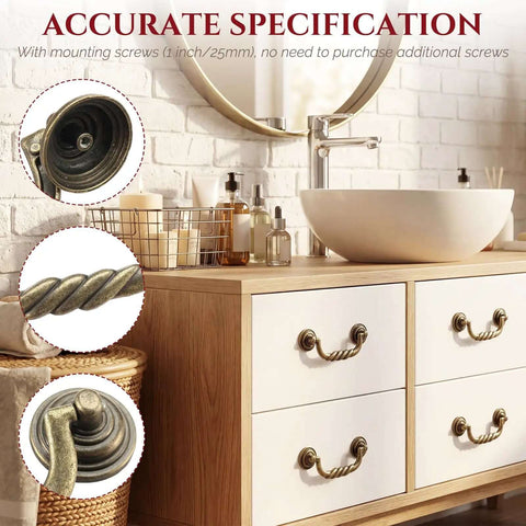Close-up of 4.5 Inch Center Drawer Pulls Six Pack Antique Bronze Bail Drop Handles in vintage style on bathroom cabinet