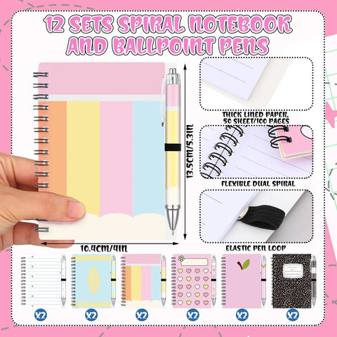 Pastel Back To School Gift Set With 12 Spiral Notebooks And 24 Ballpoint Pens For Teachers And Students Crayon Love Pattern
