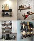 Industrial Pipe Shelf Brackets 6.7 Inch Set Of 6 Iron L Pipe Shelving Wall Floating Brackets displaying decor and bottles