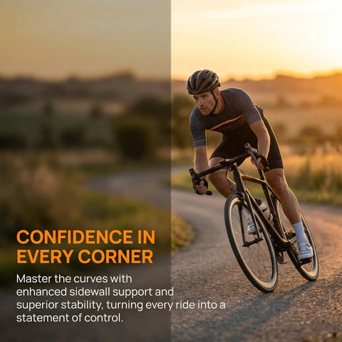 Cyclist riding with Puncture-Proof Bike Tire Inserts Run-Flat Tubeless Foam Liner For 25-32c Road Bikes at sunset