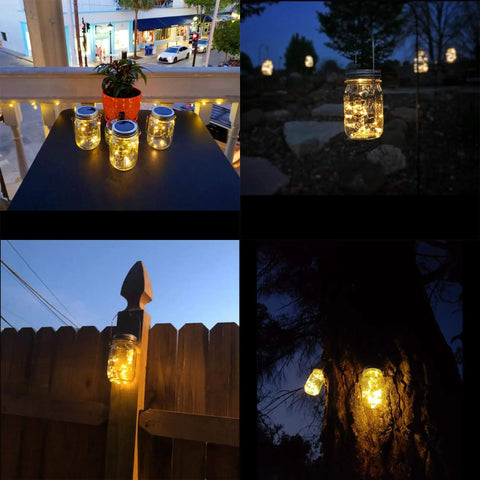 Eight Pack Solar Jar Light Lids With Fairy Star Firefly LED Strings, 30 Warm White LEDs Per Light, Includes Eight Hangers