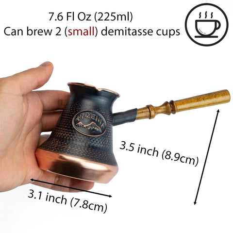 Copper Turkish Armenian Coffee Pot Maker With Wooden Handle 7.6 Fl Oz Cezve Jezve Ibrik Jazve for Turkish Greek Arabic Coffee Brew