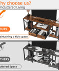 Industrial Rustic Brown TV Stand With Two Fabric Drawers And Open Shelving Spacious 55 Inch Entertainment Console showcasing a tidy setup.