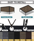 Easy installation of 90 Percent UV Blocking Shade Cloth With Grommets For Pergola 8 By 12 Feet, showing mocha mesh tarp with accessories.