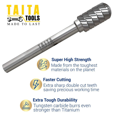 Close-up of a single carbide burr from the Ten Piece Carbide Burr Set With 0.25 Inch Shank Tungsten Double Cut Rotary Die Grinder Bits.