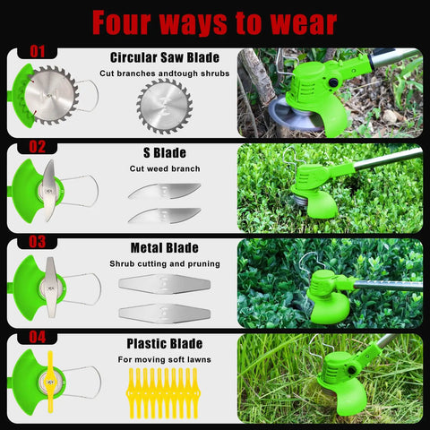 Compact 21V Cordless Weed Wacker With 3 In 1 Trimmer System showing four blade types for versatile yard work.