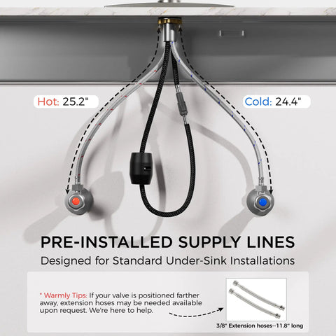 FORIOUS Kitchen Faucet with Pull Down Sprayer, High Arc, Brushed Nickel showing pre-installed hot and cold supply lines.