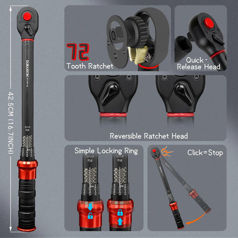 1/2 Inch Drive Torque Wrench With 10 To 170 Ft Lb Range And 13.6 To 230.5 Nm Dual Scale Plus Pro Grade Precision features