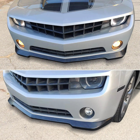 Front Bumper Lip For 2010-2013 Chevrolet Camaro V6 SS Style Unpainted Black PU Front Lip Finisher shown on silver Camaro
