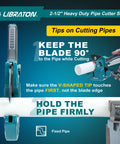 Libraton 2-1/2in PVC pipe cutter with teal body; front and side views shown cutting a white pipe