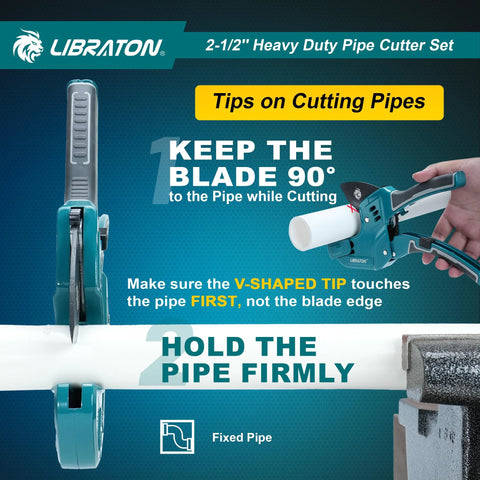 Libraton 2-1/2in PVC pipe cutter with teal body; front and side views shown cutting a white pipe