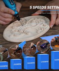 Hella Versatile Mini Cordless Rotary Tool With Five Speed Settings Up To Fifteen Thousand Rpm And A Knockout Forty Three Piece Accessory Kit For Engraving Drilling Sanding And Detailing in use for wood carving.