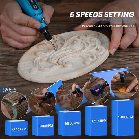 Hella Versatile Mini Cordless Rotary Tool With Five Speed Settings Up To Fifteen Thousand Rpm And A Knockout Forty Three Piece Accessory Kit For Engraving Drilling Sanding And Detailing in use for wood carving.