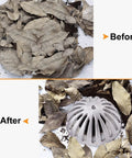 Before and after using Heavy Duty Aluminum Floor Drain Dome Cover 5-1/2 Inch Width By 2-1/4 Inch Height, debris removal shown