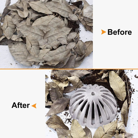 Before and after using Heavy Duty Aluminum Floor Drain Dome Cover 5-1/2 Inch Width By 2-1/4 Inch Height, debris removal shown