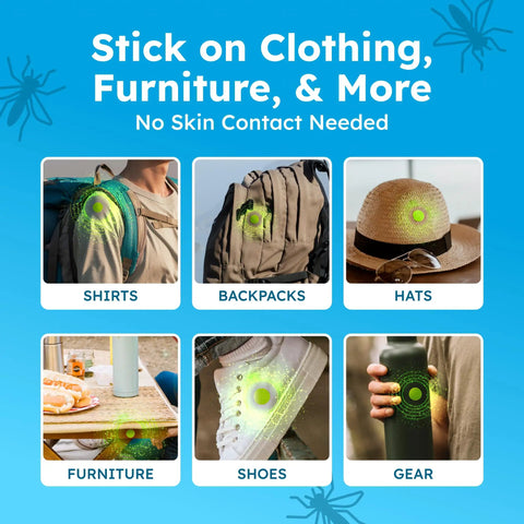 Squito Stickers Mosquito Repellent Patches 78 Patch Pack on clothing, backpack, hat, furniture, shoes, gear.