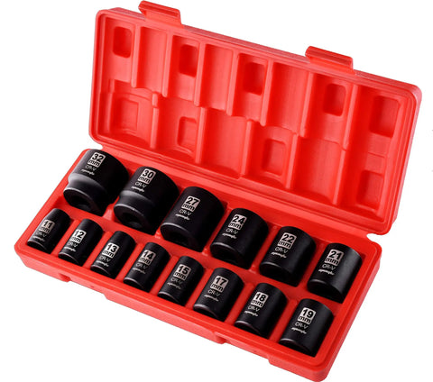 1/2 Inch Drive Metric Shallow Impact Socket Set With Cr-V Steel, 6 Point, 14 Piece, 11-32mm Sockets in red storage case