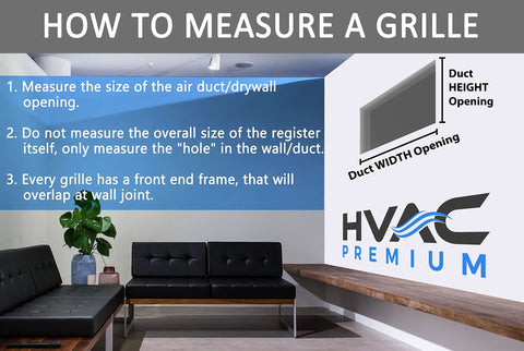 Illustration of how to measure for a Sturdy 24 By 24 Inch Steel Return Air Grille With 1 Inch Filter Slot in a modern seating area.
