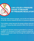 Diagram explaining the limitations of measuring with an end cap style pressure gauge and necessity for Drip Irrigation Pressure Regulator Kit.