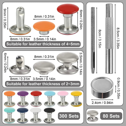 Colorful Leather Rivets Kit 380 Sets 8mm And 8x10mm 8x7mm Silver Double Cap Rivets With Tool DIY Leather Crafting Kit detail view