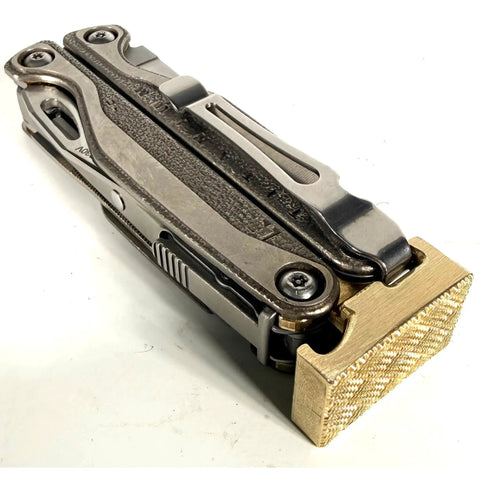 Brass Hammer Head Mod For Multitool With Dual Locking System attached to tool, hand finished in USA, CNC made.