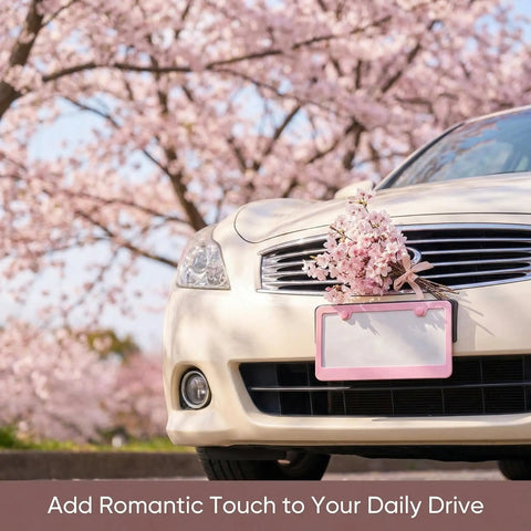 Car with Dope Two Pack Matte Cherry Baby Pink License Plate Frames Made From Stainless Steel and cherry blossoms
