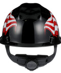 Front view of V-Gard Slotted Hard Hat with Fas-Trac Ratchet Suspension, Polyethylene Safety Helmet, red and white design on black shell.