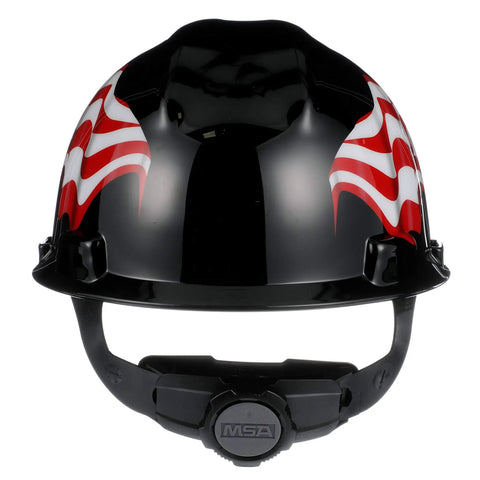 Front view of V-Gard Slotted Hard Hat with Fas-Trac Ratchet Suspension, Polyethylene Safety Helmet, red and white design on black shell.