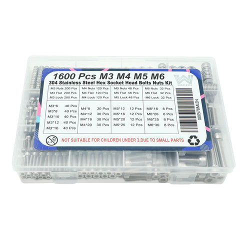 Score a Solid 1600 Pcs M3 M4 M5 M6 Metric Screw Assortment Kit featuring hex socket head bolts and nuts in storage case.