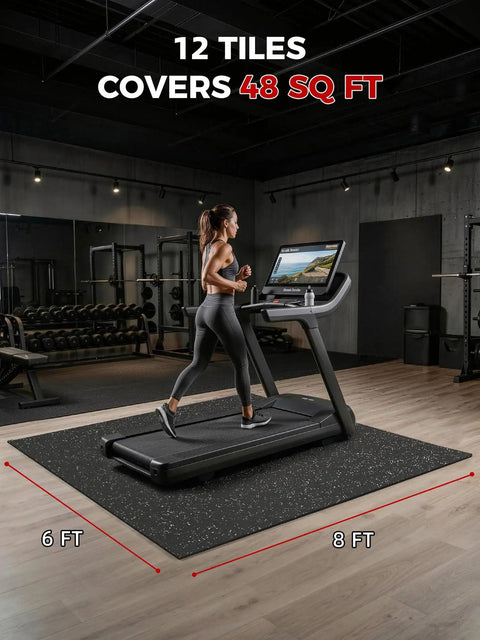 Interlocking Gym Floor Tiles 0.56 Inch Thick, 24 By 24 Inch, 12 Piece Set, EVA Foam Exercise Mats with rubber top in gym setting