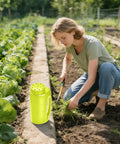 Woman working in garden with Adjustable Handheld Seed Shaker And Spreader For Fertilizer Grass Seed Ice Melt And Lawn Care