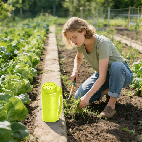 Woman working in garden with Adjustable Handheld Seed Shaker And Spreader For Fertilizer Grass Seed Ice Melt And Lawn Care