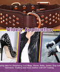 Top Shelf Silver Cone Spikes And Studs Hardware Kit Includes Hole Punch And Screwdriver For Custom Leather Craft Clothing Shoe Embellishments And Badass Accents displayed on a leather belt with spikes.