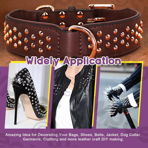 Top Shelf Silver Cone Spikes And Studs Hardware Kit Includes Hole Punch And Screwdriver For Custom Leather Craft Clothing Shoe Embellishments And Badass Accents displayed on a leather belt with spikes.