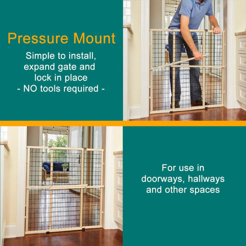 Expandable Wire Mesh Dog Gate For Doors And Hallways Pressure Mounted No Tools Needed 29.5 To 40 Inch Wide And 37 Inch Tall shown in use