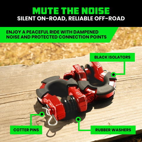 Heavy Duty Super D Ring Shackles 2 Pack With 70,548 Lb Break Strength, Three Quarter Inch Clevis Shackle And Seven Eighths Inch Pin For Towing And Off Road Recovery, Red Finish, Pairs With Tow Straps, featuring red shackles with black isolators and rubber washers on wood surface.