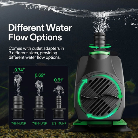 VIVOSUN 800GPH submersible pump front view; black plastic body with green ring and intake grille