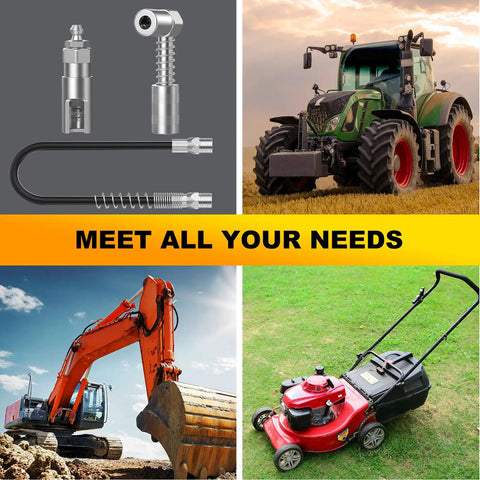 90 Degree Grease Coupler Set With Slotted Right Angle Combo And 12 Inch Spring Flex Hose for tractors, excavators, lawnmowers.
