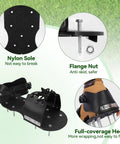Lawn Aerator Shoes With 26 Spikes For Deep Soil Aeration, easy to install spider buckle design, black nylon sole close-up.