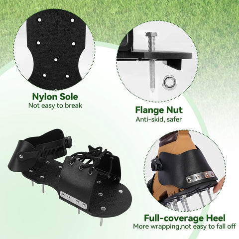 Lawn Aerator Shoes With 26 Spikes For Deep Soil Aeration, easy to install spider buckle design, black nylon sole close-up.
