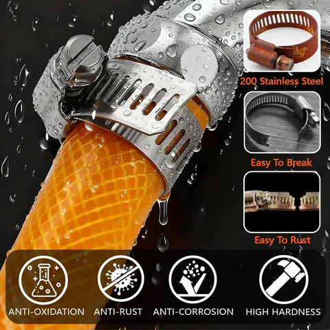 All Purpose 185 Piece Stainless Steel Hose Clamps Kit With 8 Sizes Heavy Duty Adjustable Worm Gear Clamps in use on hose