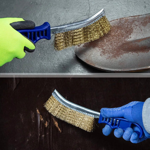 Heavy Duty 11 Inch Wire Brush Set With Plastic Handle For Automotive Jobs Grill Cleaning Rust And Paint Removal Welding Slag And Household Use More And Thicker Bristles Pack Of 2 in use on surfaces
