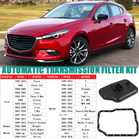 1998-2018 red Ford Focus with 4F27E FN4A Transmission Filter Kit and oil pan gasket displayed