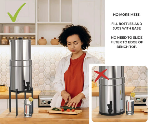 Adjustable Water Filter Stand With 10 Inch Lift shown on countertop, woman cutting vegetables nearby, highlighting easy use.