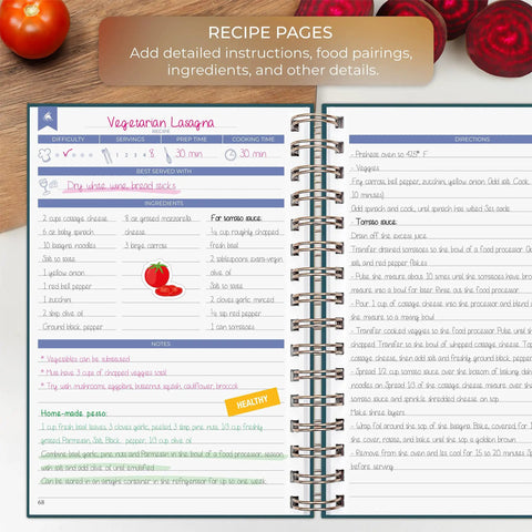 Open Blank Recipe Journal Spiral Organizer For Your Own Family Cookbook Hardcover, Medium 6.3x8.3 Inches, Vegetarian Lasagna page