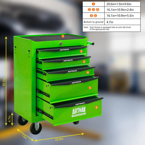 Badass Heavy Duty Steel Rolling Tool Cart With 21 Inch Locking Parking Brake Casters And Friction Free Ball Bearing Slides For Garage Shop Gear Organizer Green, featuring five spacious drawers and smooth surfaces.