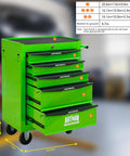 Heavy Duty 21 Inch Rolling Tool Cart With Lockable Steel Storage Cabinet And Slick Glide Ball Bearing Casters For Rapid Garage Workflow In Fresh Green, showing multiple drawers and dimensions.