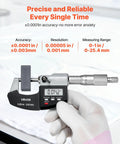 Digital Outside Micrometer Set 0-1 Inch Range With LCD Screen 0.00005 Inch Resolution 0.0001 Inch Accuracy In mm Switch held by gloved hand
