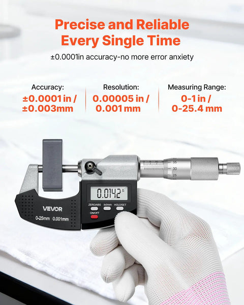 Digital Outside Micrometer Set 0-1 Inch Range With LCD Screen 0.00005 Inch Resolution 0.0001 Inch Accuracy In mm Switch held by gloved hand